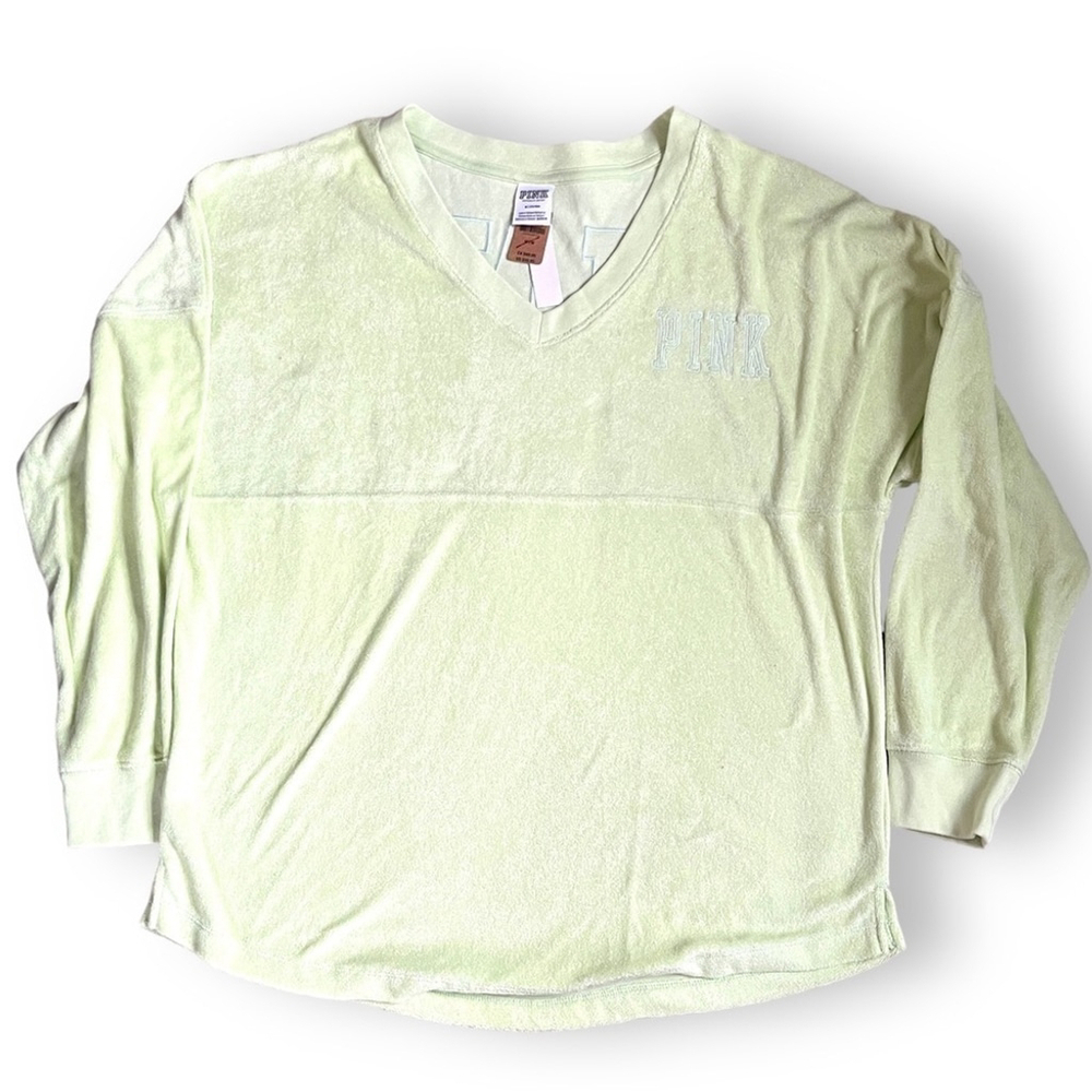 NWT Victoria’s Secret Pink Med Campus beach Terry Sweatshirt Green MSRP $56